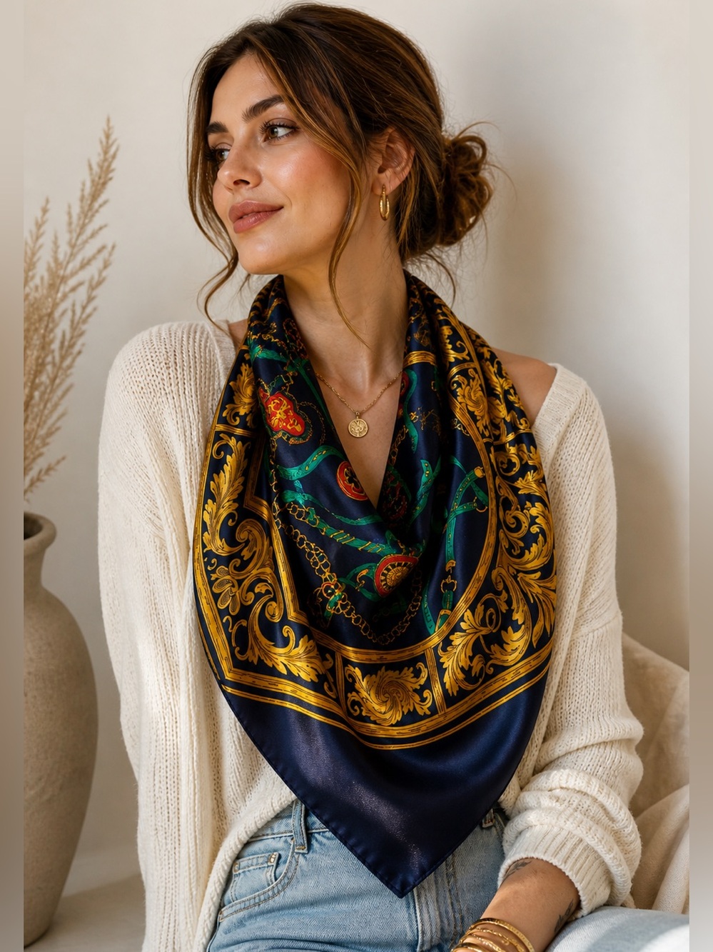 Italian Made Scarf 35” Baroque Chain Print Navy Gold Square Polyester Luxury